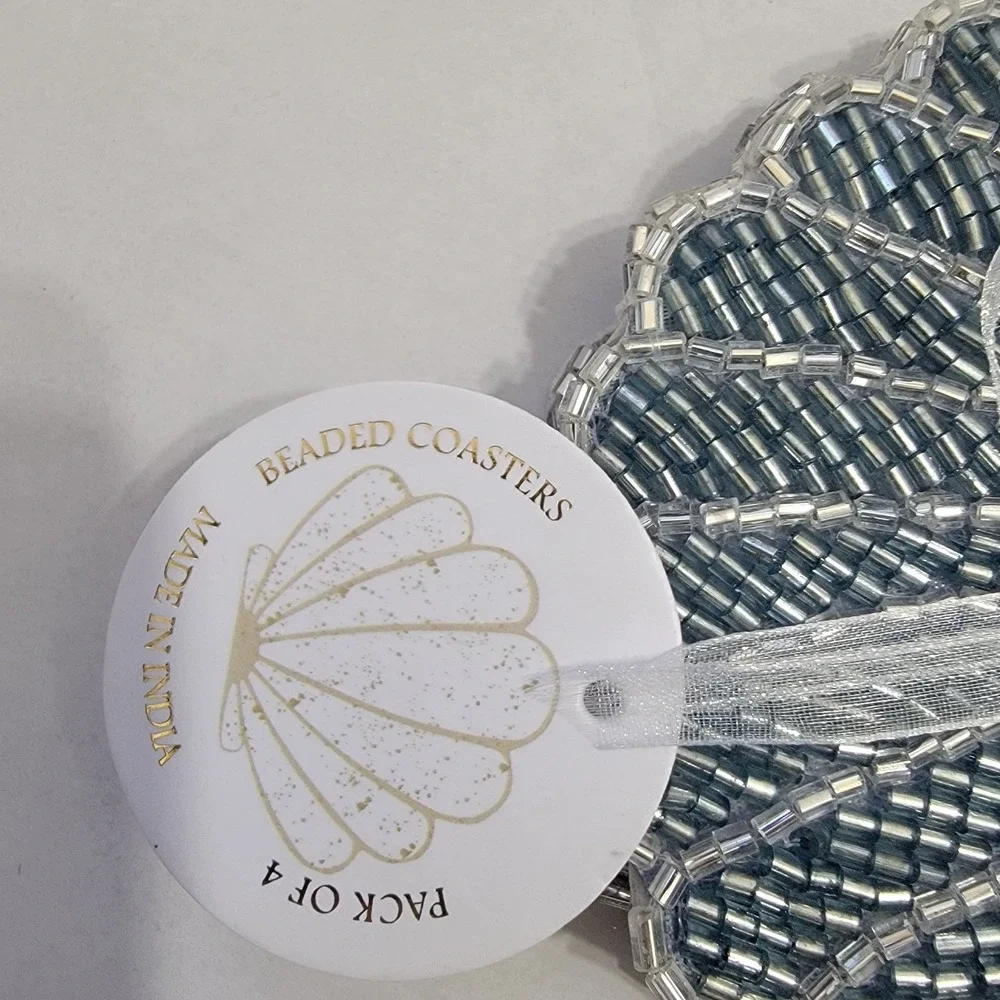NEW! Beaded Blue Sea Shell Coasters Set of 4‎ Satin Back Made In India